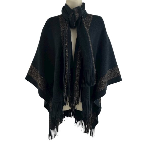 Black Gold Metallic Soft Knit Wrap Shawl Sweater Cape Poncho Scarf Fringe Winter - Picture 1 of 6